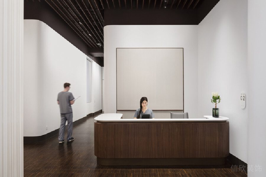 前臺(tái)區(qū)木質(zhì)環(huán)形深色木質(zhì)裝修機(jī)構(gòu)效果