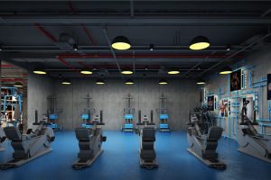 動感單車訓(xùn)練管道創(chuàng)意墻體弧線曲折設(shè)計(jì)天花鏤空吊頂健身房