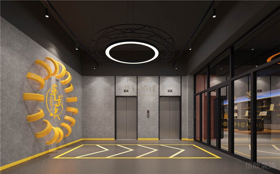 電梯等待區(qū)域辦公室過(guò)道走廊裝修設(shè)計(jì)效果圖墻體立體輪胎內(nèi)嵌式設(shè)計(jì)