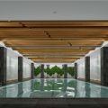游泳池裝修設計現(xiàn)代簡約風墻柱黑白色調設計木質天花