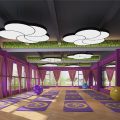紫色優(yōu)雅女士瑜伽健身房教室設計木質(zhì)地板天花花型吊頂