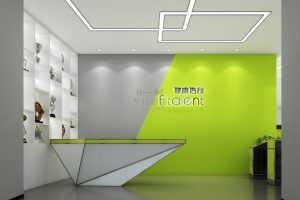 健康傳奇撞色形象版前臺區(qū)幾何造型不規(guī)則工作桌設(shè)計(jì)