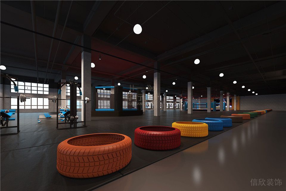 輪胎彩色創(chuàng)意設(shè)計(jì)工業(yè)風(fēng)暗調(diào)健身房裝修設(shè)計(jì)