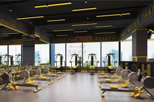 單車木質(zhì)地板現(xiàn)代天花射燈設(shè)計(jì)落地窗健身房