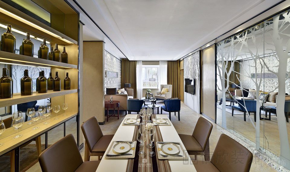 輕奢風(fēng)墻體設(shè)計內(nèi)嵌燈帶直線就餐區(qū)現(xiàn)代鏡面墻體效果大廳