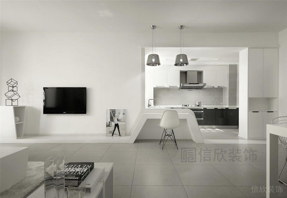 黑白色調(diào)極簡風(fēng)設(shè)計線條客廳開放式一體廚房就餐區(qū)