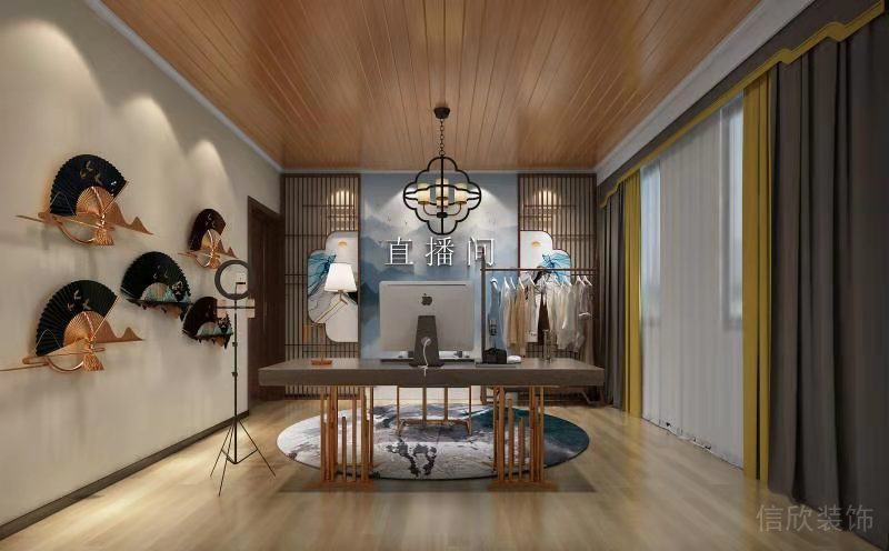 直播間古色古香場(chǎng)景搭建木質(zhì)天花國(guó)風(fēng)鏤空背景墻裝修