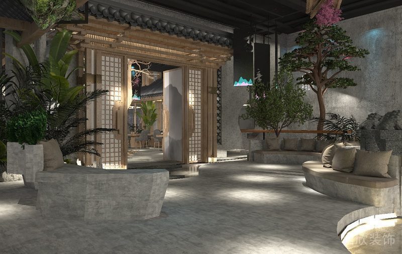 中式世外桃源裝修辦公室休息區裝修石板材