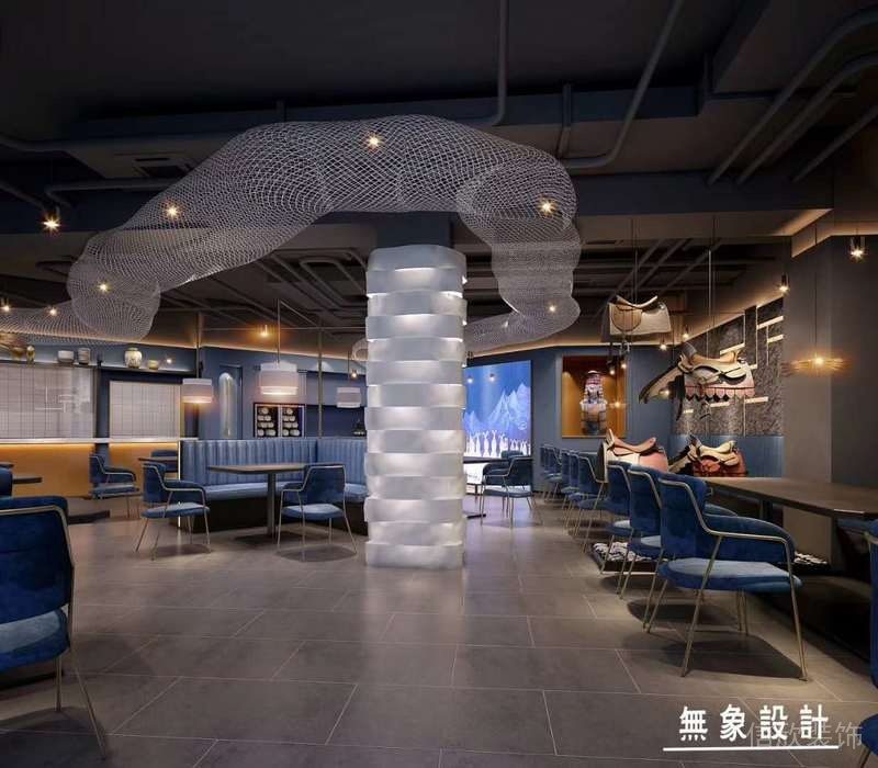 辦公室裝修設計工業風餐廳休息區員工就餐區藍色桌椅裝修效果圖