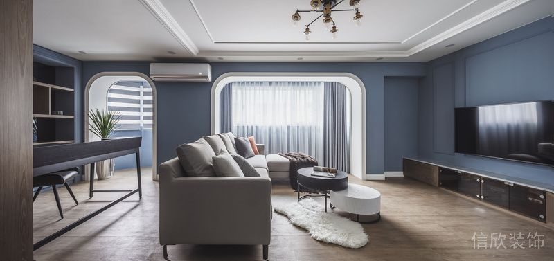 商務(wù)風(fēng)藍(lán)色現(xiàn)代簡(jiǎn)約實(shí)木地板鋪貼客廳裝修效果圖