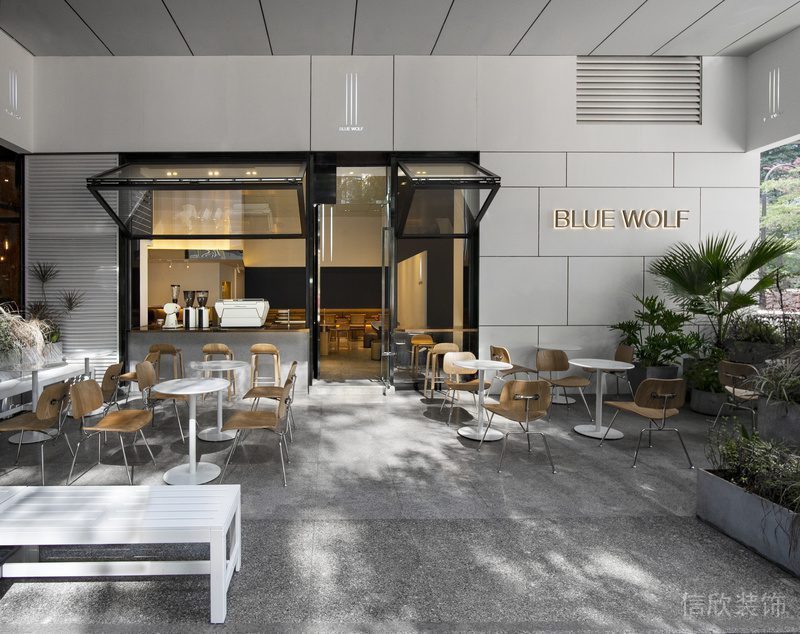 咖啡店效果圖戶外休息區(qū)木質(zhì)玻璃天花店鋪隔斷裝修設(shè)計(jì)