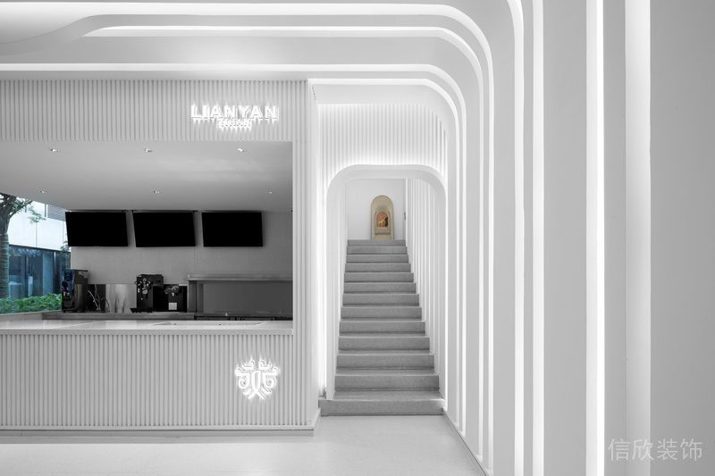 簡約風(fēng)純白過道奶茶店裝修效果圖階梯過道設(shè)計圖