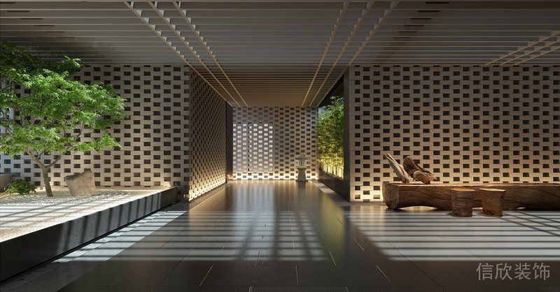 辦公樓裝修鏤空木質墻體隔斷效果簡約風設計圖
