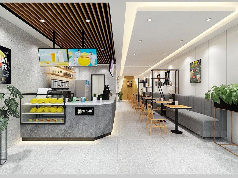 奶茶店裝修效果圖玻璃展柜鏤空直線沙發(fā)休息區(qū)木質(zhì)座椅裝修圖