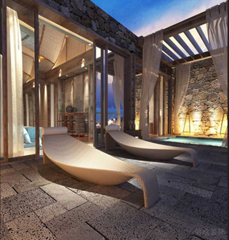 新中式風(fēng)格豪華酒店主體客房休閑露臺(tái)