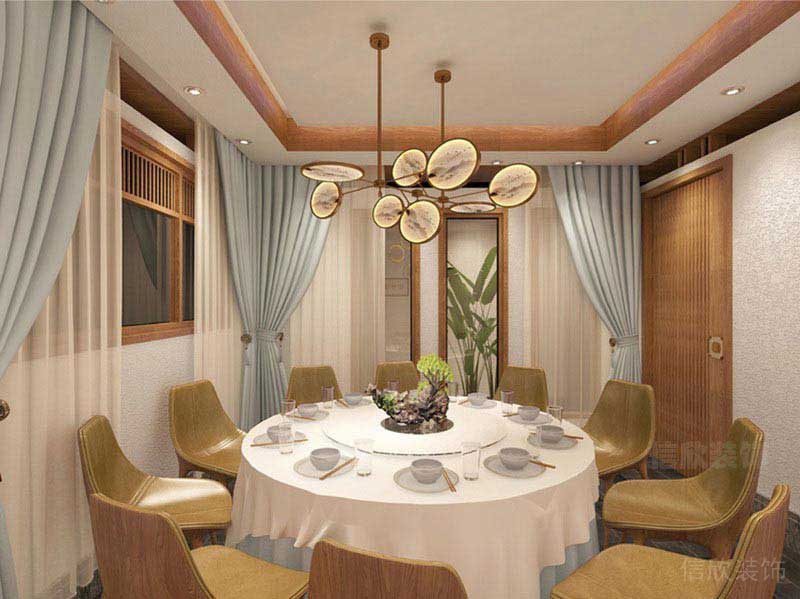 包廂裝修古典馬克龍色系圓桌木質(zhì)墻體門窗效果天花吊頂設(shè)計圖