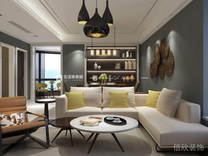 客廳生活設(shè)計(jì)墻體藝術(shù)銅板裝飾繪畫皮革沙發(fā)茶幾休息區(qū)