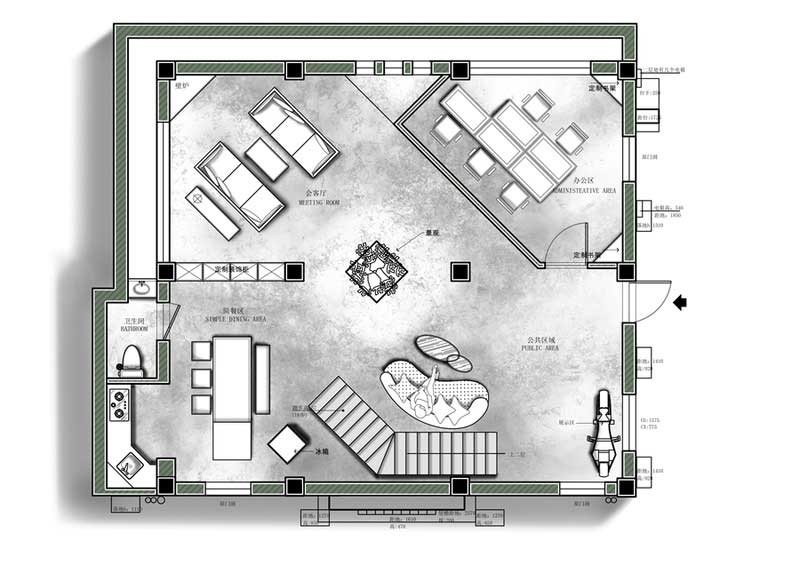 鹽田區(qū)極簡風(fēng)格辦公室裝修設(shè)計(jì)一層彩色平面布置圖 鹽田區(qū)極簡風(fēng)格辦公室裝修設(shè)計(jì)一層彩色平面布置圖