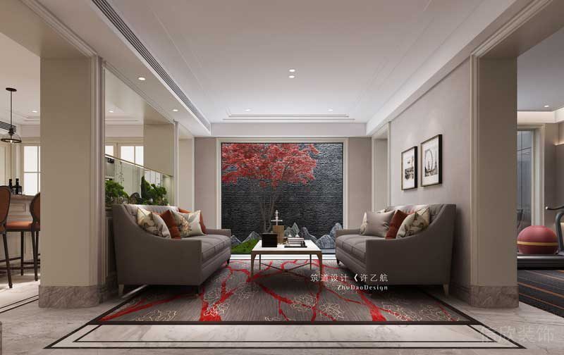 將干景置于家庭廳外，通過(guò)落地大玻璃實(shí)現(xiàn)了室內(nèi)與室外的相連，在閑暇之余賞景，不失為一大樂(lè)趣。