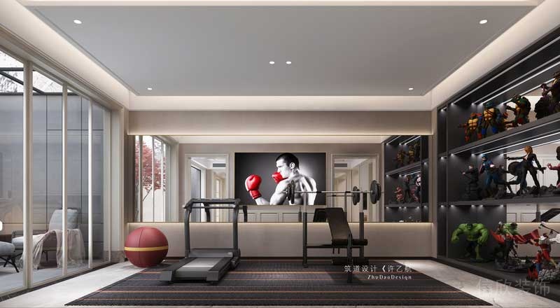 健身房在滿足男主人健身需求的同時(shí)，通過(guò)一面手辦墻的形式，表現(xiàn)出了男主人的愛(ài)好；健身房外的觀景庭又與干景相連，偶爾坐在沙發(fā)上觀景，意境十足。