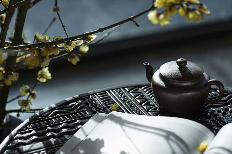 梅枝遒勁，傲然伸展的身姿勾勒出清雅的線條，與落地燈的硬朗簡練線條交相呼應。