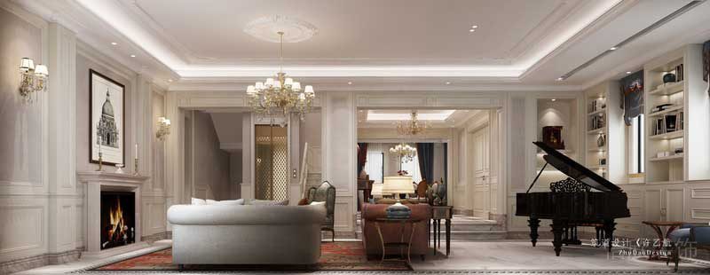 客廳作為重中之重的區(qū)域，取消了傳統(tǒng)電視機(jī)和電視機(jī)柜的組合，通過(guò)霧化壁爐及裝飾畫(huà)，讓客廳成為一個(gè)一家人溝通交流的地方，而小朋友練琴是需要大人陪伴聆聽(tīng)的，所以我們?cè)谏嘲l(fā)后放置三角鋼琴，滿足觀賞性的同時(shí)，又給予了小朋友與大人陪伴的空間。