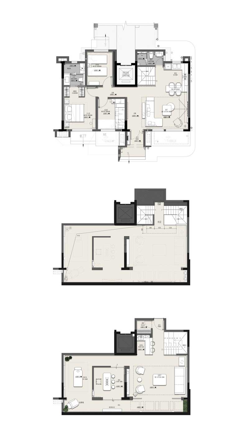 △平面圖 - 首層（上）/ 夾層（中）/ 負(fù)一層（下）
