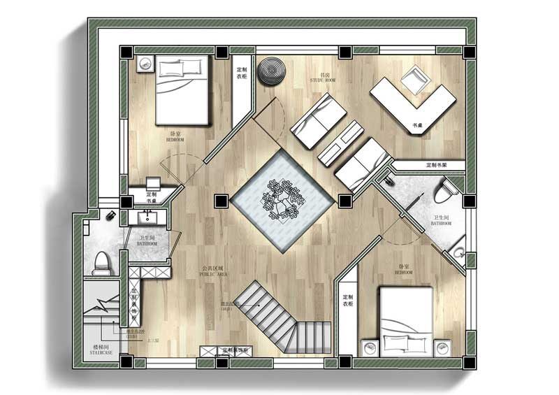 鹽田區(qū)極簡風(fēng)格辦公室裝修設(shè)計(jì)二層彩色平面布置圖 鹽田區(qū)極簡風(fēng)格辦公室裝修設(shè)計(jì)二層彩色平面布置圖
