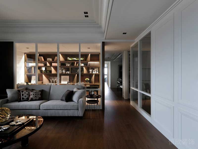 簡(jiǎn)約風(fēng)直線過道木質(zhì)地板現(xiàn)代客廳裝修區(qū)域