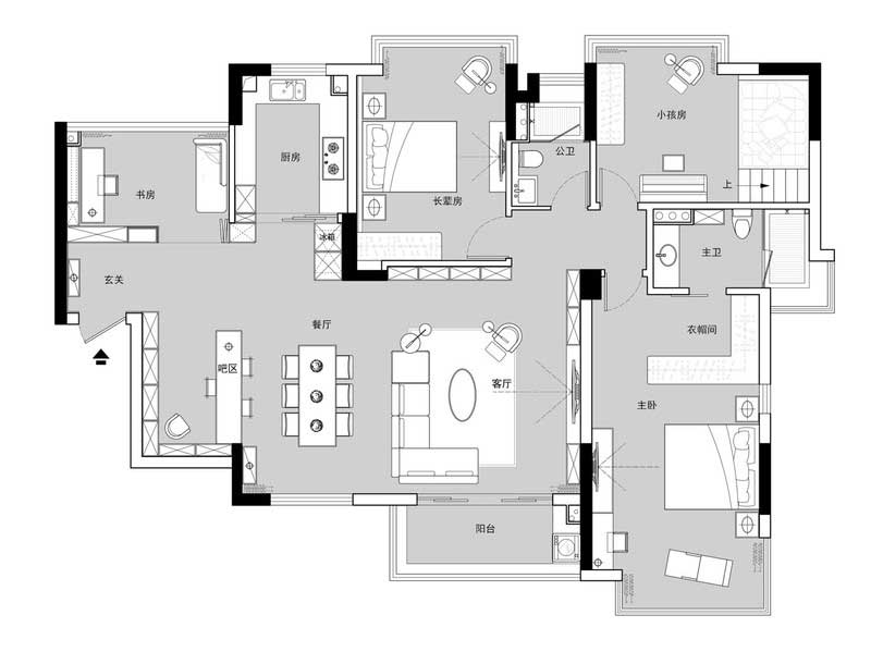 客餐廳經過調整空間的比重，得到更為開闊的公共空間以及更自由的活動軌跡，整個空間重構比例，利用材質的特性以及調整整體細節后，將入戶玄關、客餐廳以及廚房原有四大塊略顯局促的獨立盒子化整為零。