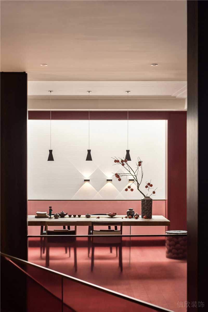 紅色茶葉會(huì)客區(qū)中式風(fēng)玻璃半墻隔斷過道設(shè)計(jì)效果圖辦公室