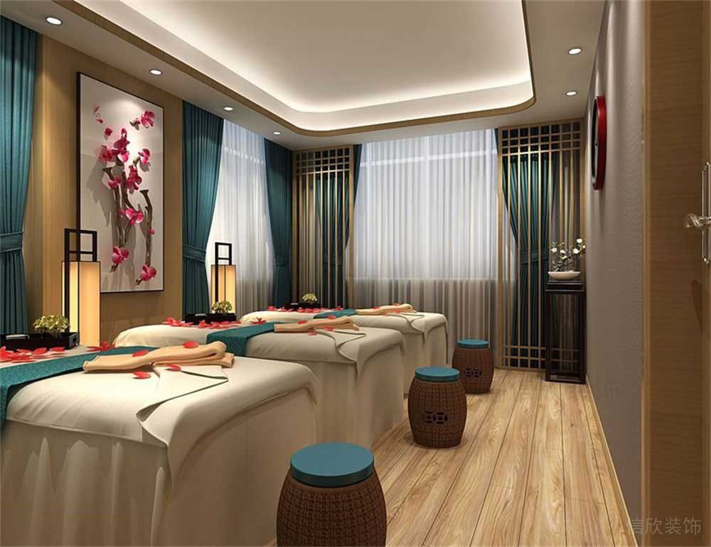 黃色布藝美容床，藍色的窗簾白色的紗簾