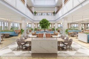 對(duì)稱(chēng)式餐廳就餐區(qū)域酒樓裝修效果圖現(xiàn)代簡(jiǎn)約創(chuàng)意設(shè)計(jì)藍(lán)色點(diǎn)綴