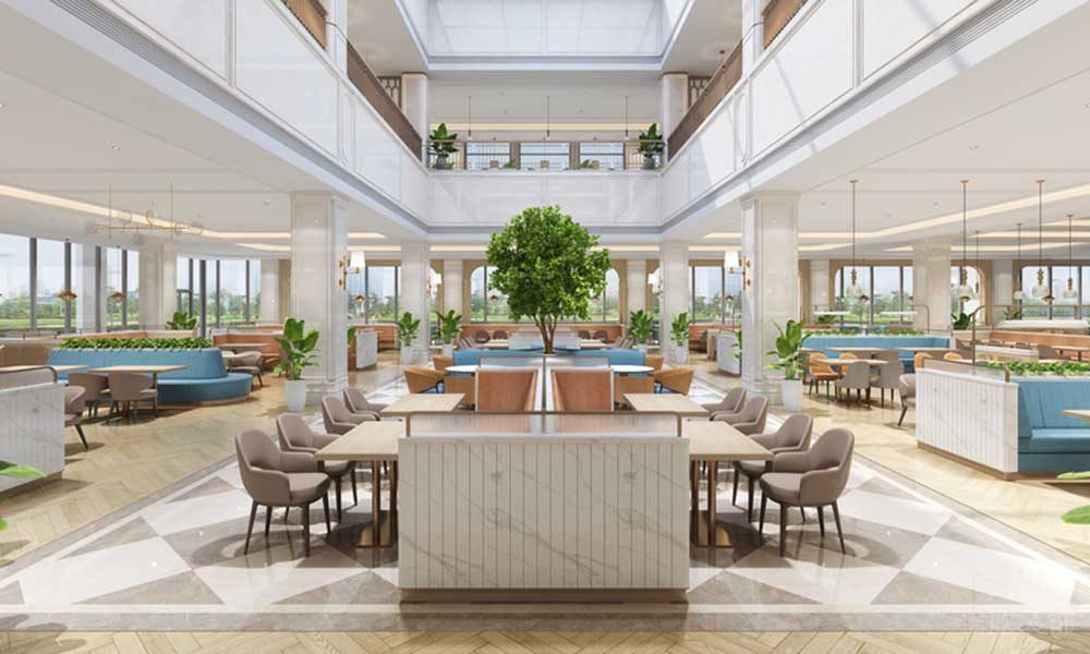 對稱式餐廳就餐區(qū)域酒樓裝修效果圖現(xiàn)代簡約創(chuàng)意設計藍色點綴