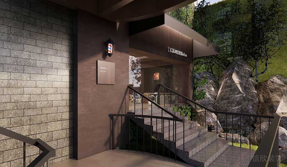 復(fù)古裝修水磨石過道休息區(qū)棕色現(xiàn)代辦公樓裝修