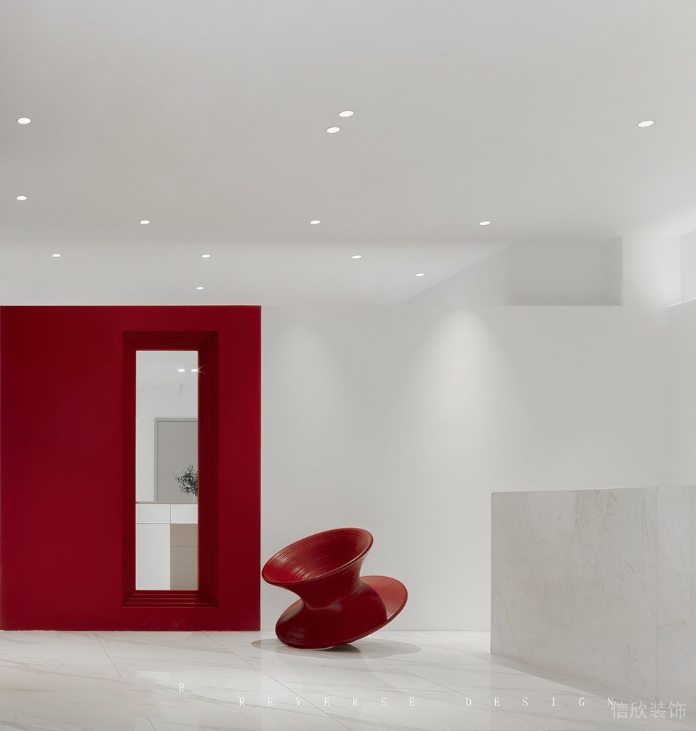 紅色環(huán)形墻體鏤空隔斷大理石前臺區(qū)域接待處辦公室效果裝修