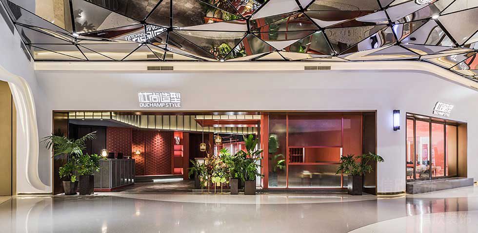 造型設計發(fā)型店鋪效果圖鏡面天花幾何裝修店鋪效果圖