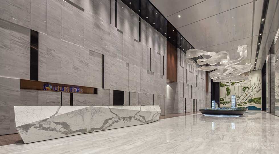 大理石前臺區(qū)裝修效果圖結合不規(guī)則接待處辦公樓大廳設計售樓處