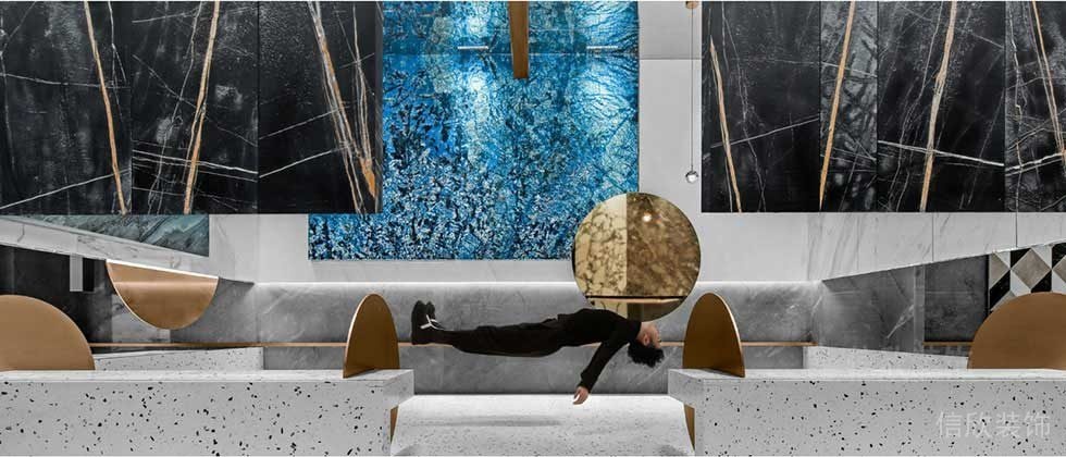 辦公室波點創意水磨石鎏金金色金屬板藝術大理石休息區設計圖