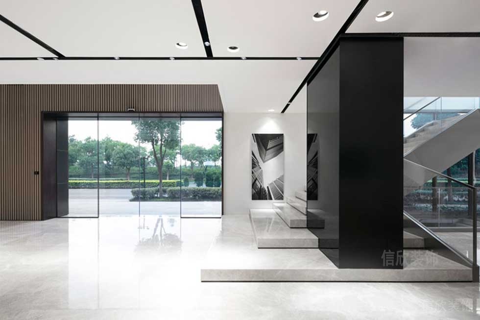 柵格板木質(zhì)智能玻璃門(mén)裝修階梯工作室休息區(qū)裝修