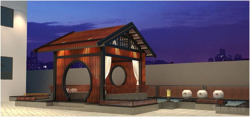 深圳寶安中式風(fēng)格餐飲店裝修圖室外涼亭效果圖