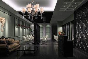 水晶天花吊頂吊墜設計直線形鏡面對稱發廊裝修店鋪墻體綠色涂料設計圖