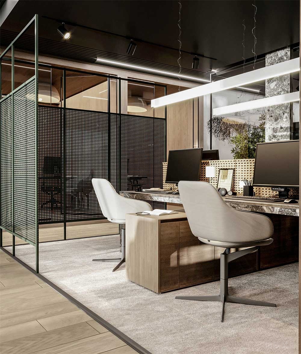 鏤空編制工位辦公室員工開發(fā)區(qū)裝修效果圖實木地板