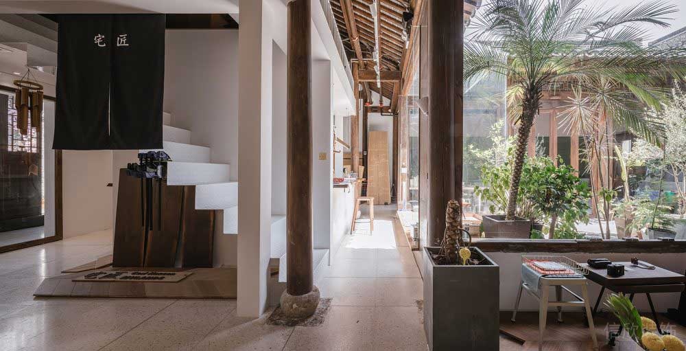 原木風(fēng)中式園林休息區(qū)開(kāi)放式區(qū)域木質(zhì)架空層效果圖玻璃工作室