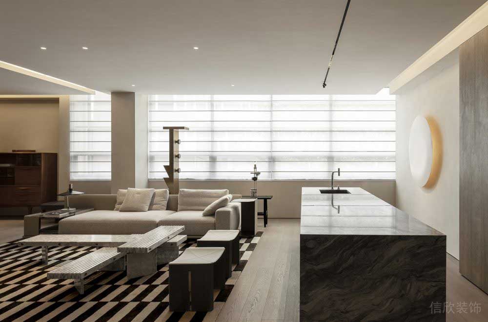 黑白灰色系布藝沙發(fā)木地板天花吊頂led燈帶裝修設(shè)計(jì)