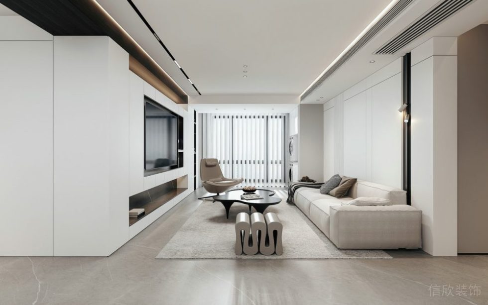 全屋定制客廳奶油色系灰調客廳沙發創意簡約設計效果圖。