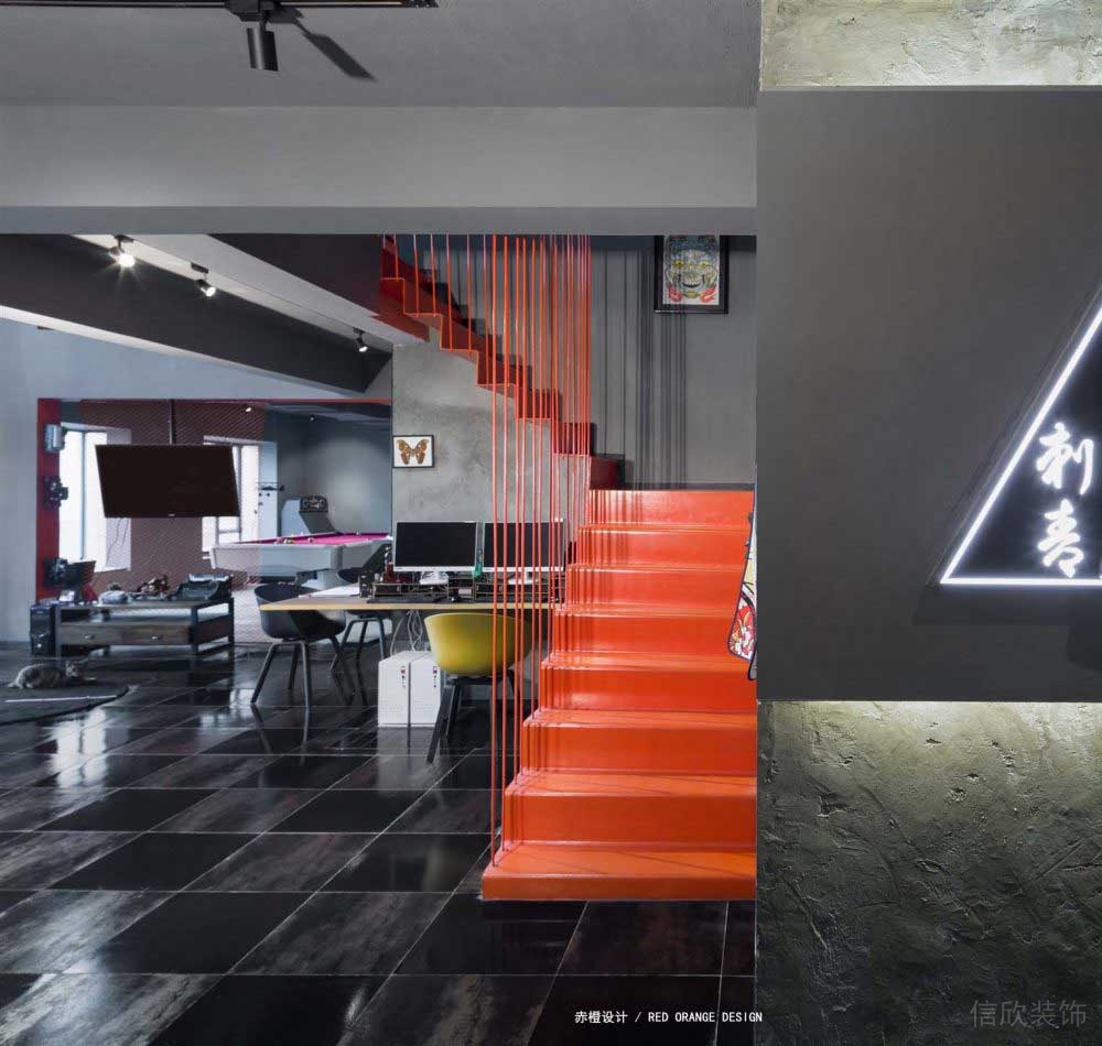 紅色階梯過(guò)道工作室裝修商務(wù)風(fēng)灰色效果圖