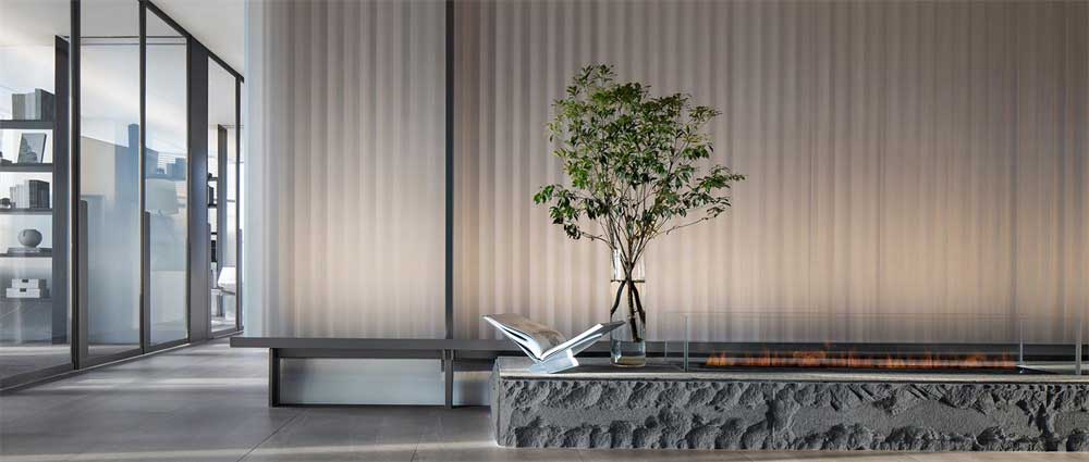 深圳龍華300平方簡(jiǎn)約風(fēng)格辦公室裝修茶室線條波紋板背景墻