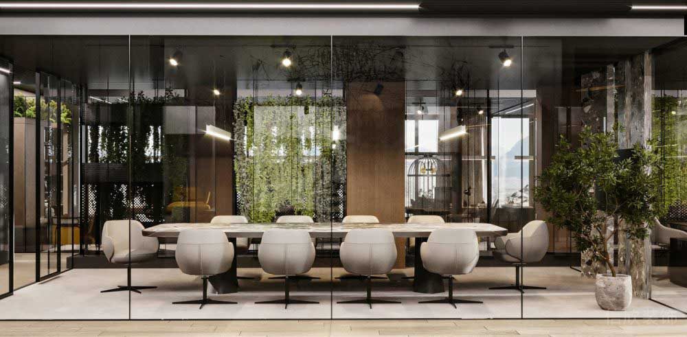 原木與黑色辦公室玻璃隔斷裝修設(shè)計(jì)效果圖