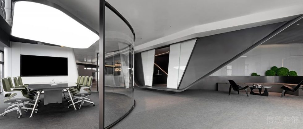 玻璃圓弧隔斷梯形造型接待區裝修設計效果圖